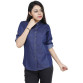 Womens Denim Solid Casual Mandarin Neck Shirt Fabric Navy Blue